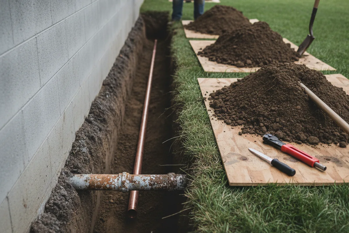 Excavated water line trench during Water Softener Installation in Cordell